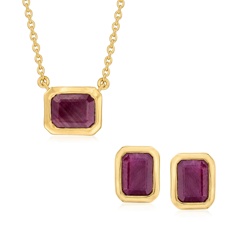 18kt gold over sterling ruby pendant necklace and stud earrings set with square stones
