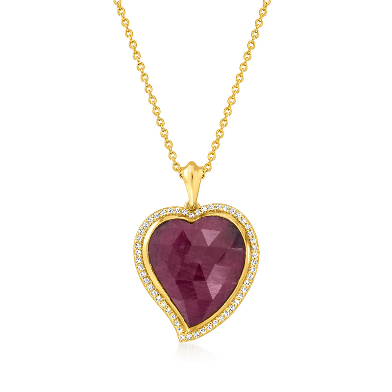 Heart pendant necklace with maroon ruby heart, white topaz halo, 18kt gold chain