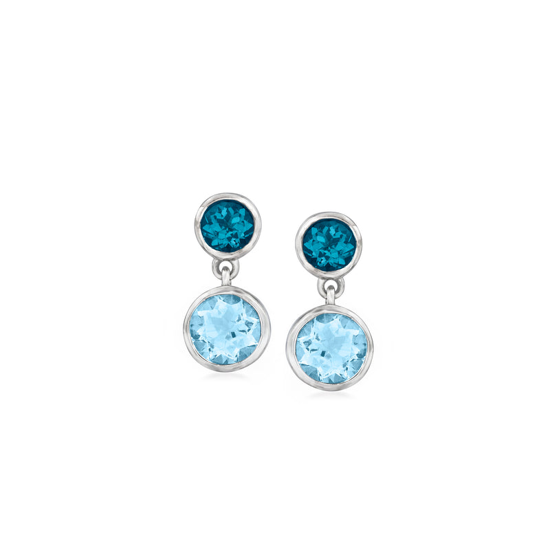Sterling silver drop earrings with round blue topaz and light blue topaz drops