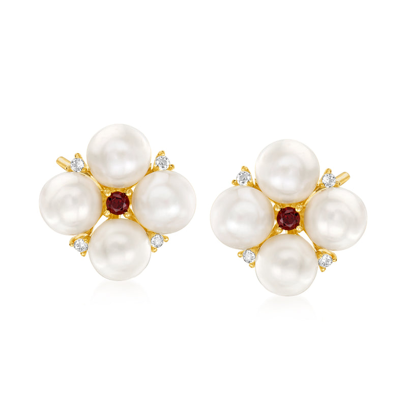 Gold-tone cultured pearl flower stud earrings with red center gem and clear side stones