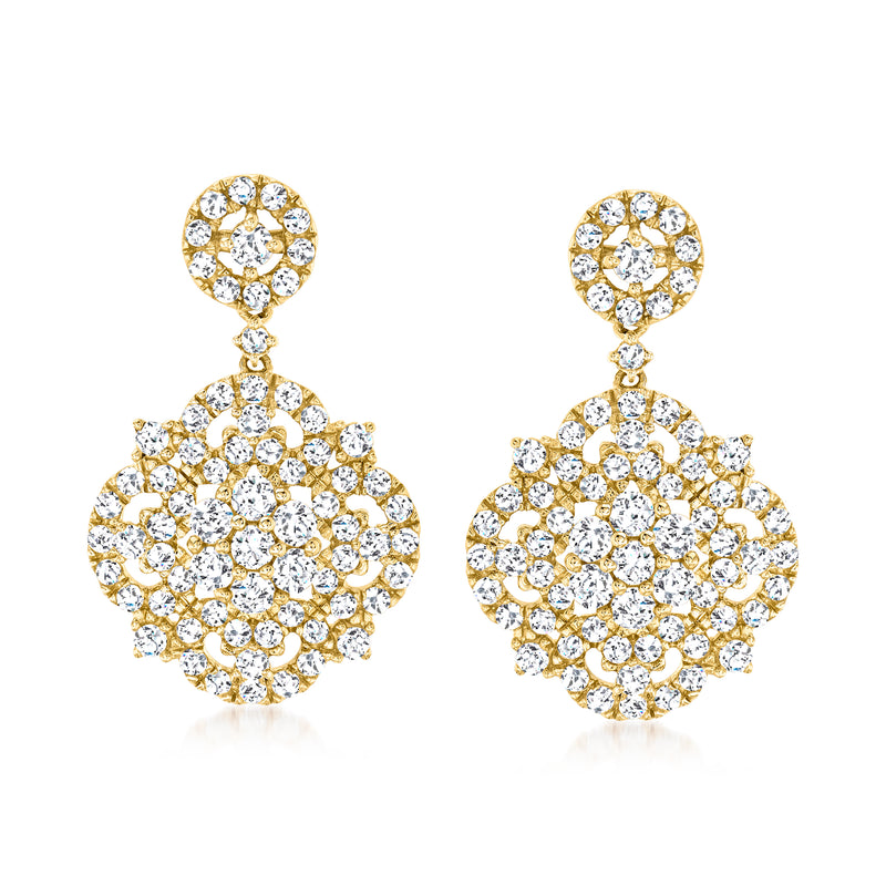 14kt yellow gold diamond floral drop earrings with round stone clusters