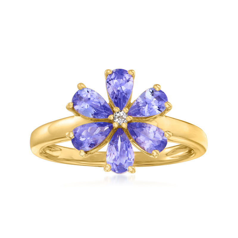 18kt gold ring with five blue-purple tanzanite petals and clear center stone