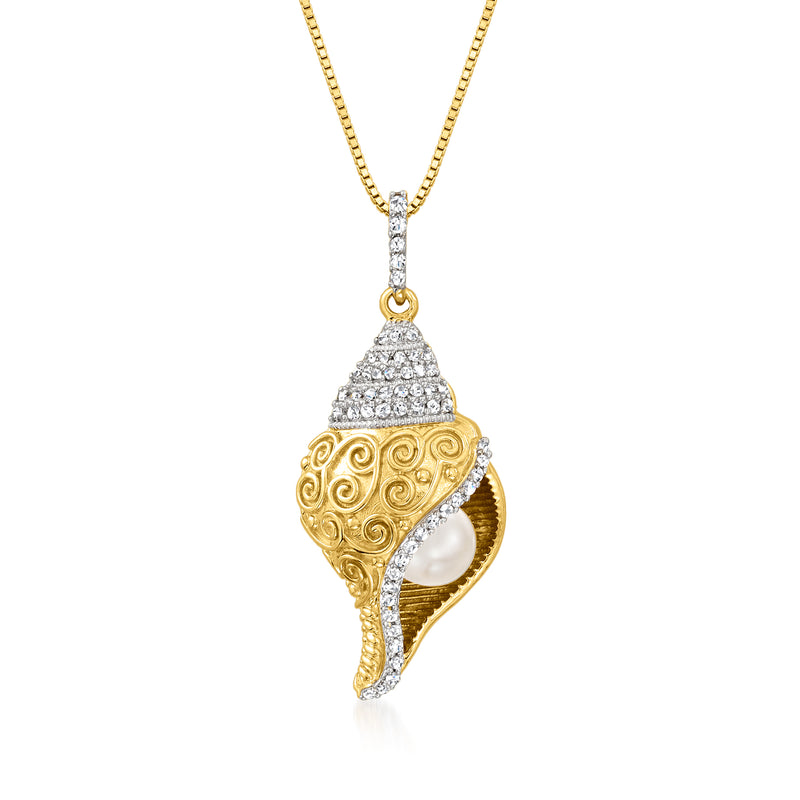 Gold-tone seashell pendant necklace with cultured pearl and white topaz accents, chain