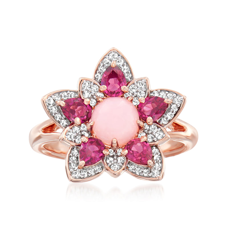 Rose gold flower ring with pink opal center and pink gemstone petals, round clear accents