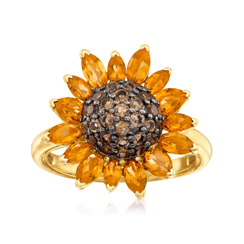 Sunflower ring in 18k gold over sterling with amber petals and dark smoky center