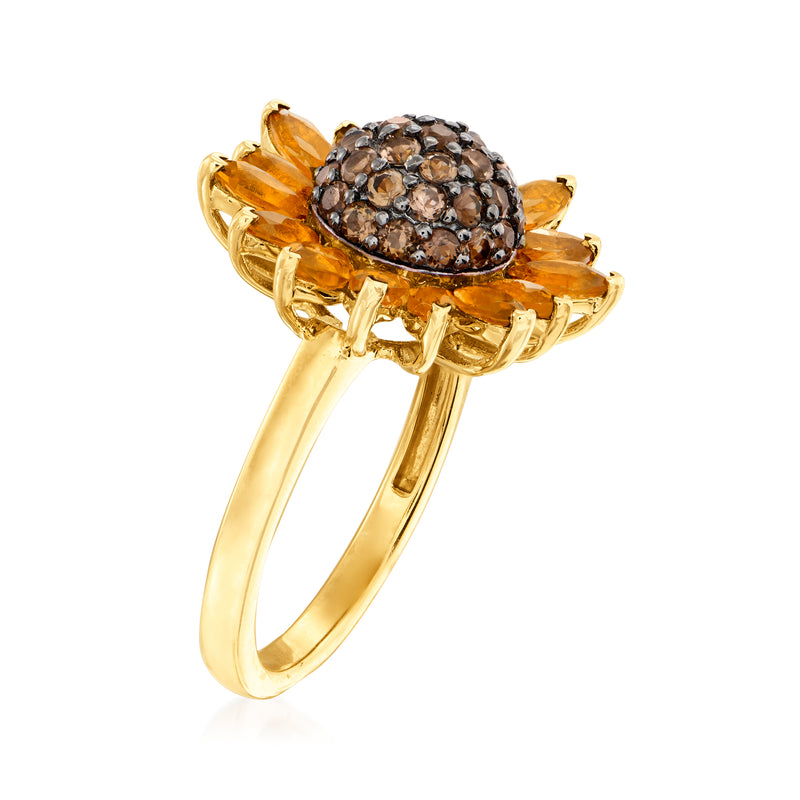 Sunflower ring with amber faceted petals, dark smoky quartz center, gold-tone band