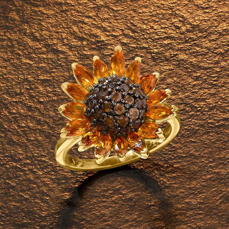 Sunflower ring with amber petals and domed dark smoky quartz center in gold