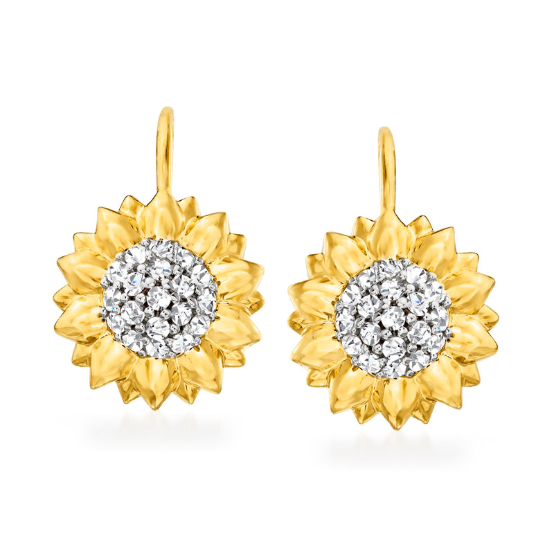 Sunflower drop earrings in gold over sterling with round white stone center