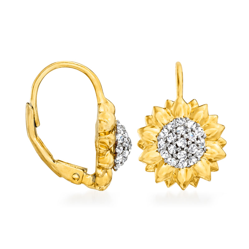 Leverback sunflower drop earrings with gold-toned petals and round white center stones