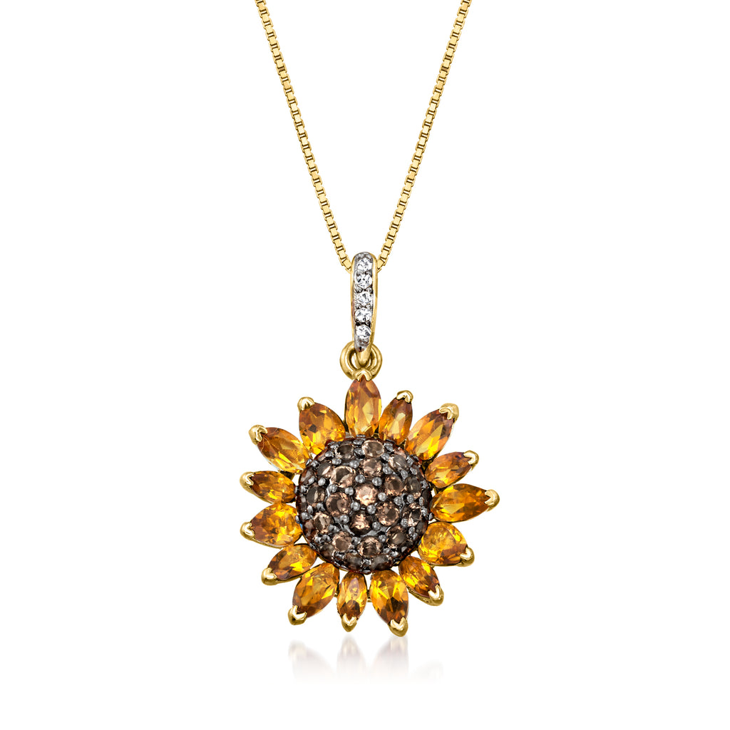 1.70 ct. t.w. Citrine .80 ct. t.w. Smoky Quartz .10 ct. t.w. Topaz Sunflower Pendant Necklace 18kt Gold Over Sterling. 18&quot