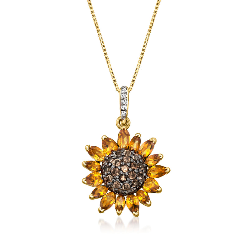 Sunflower pendant necklace with gold chain, yellow gemstone petals, dark center