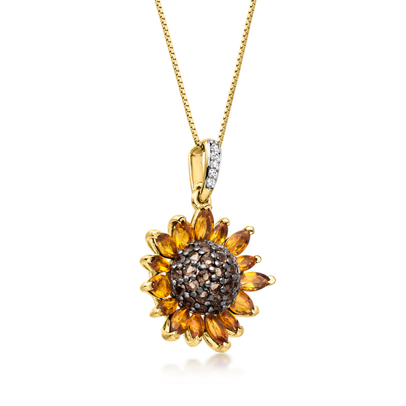 Sunflower pendant necklace with gold chain, faceted yellow petals and white side stones