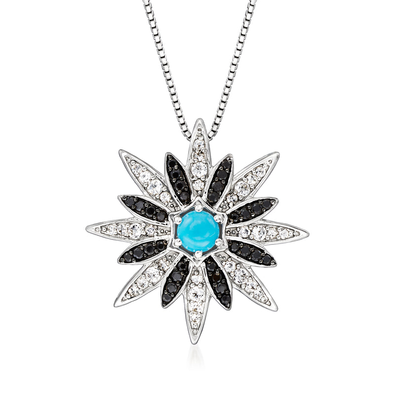 Sterling silver pendant necklace with turquoise round center and black/white gemstone flower