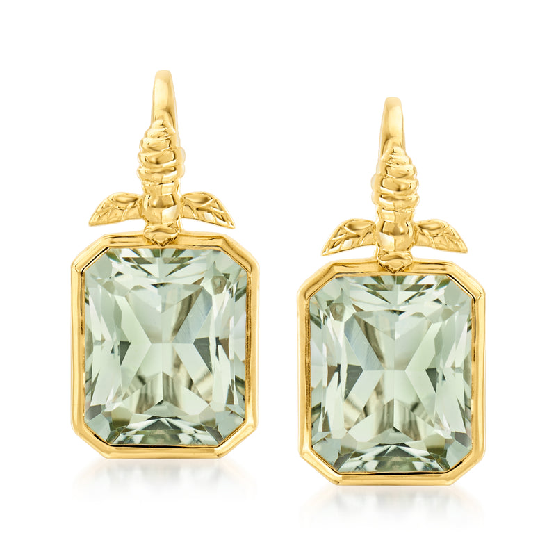 Gold over sterling prasiolite drop earrings with leverback, faceted light-green stones.