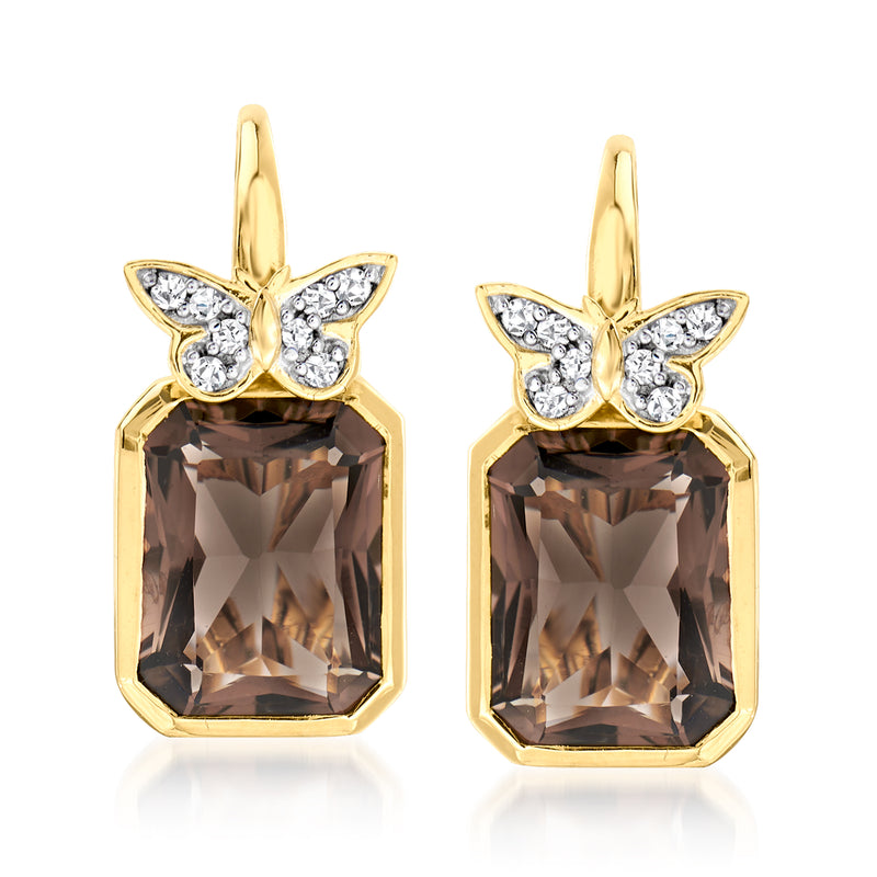 Gold leverback drop earrings with smoky quartz stone and white topaz butterfly detail