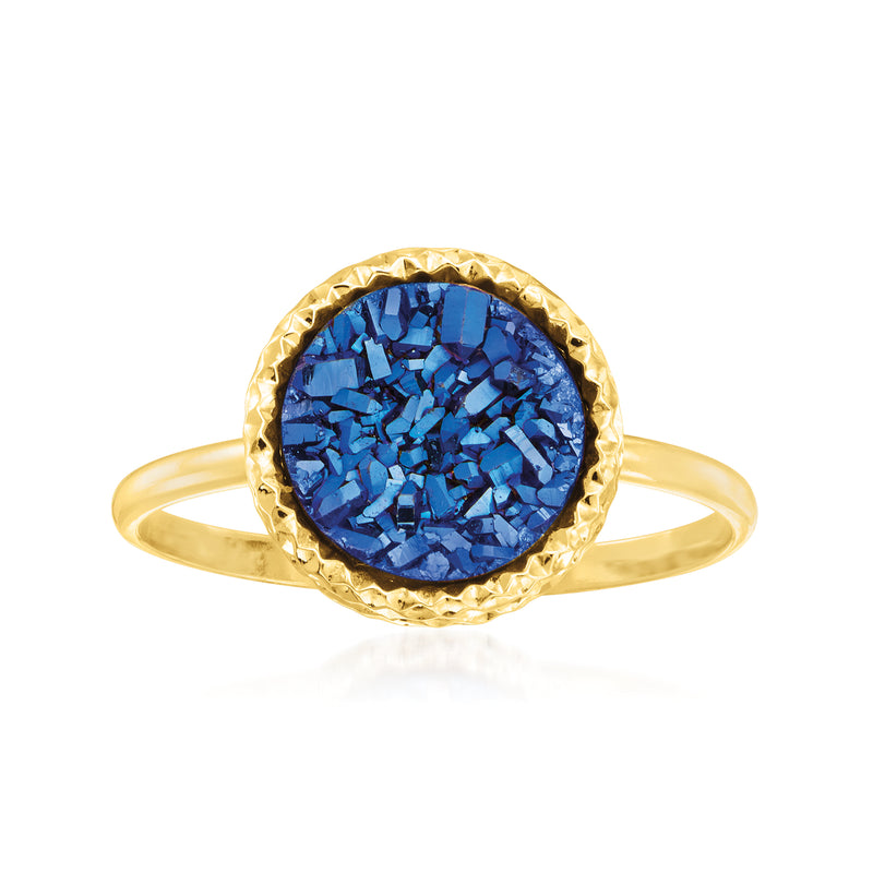 14kt yellow gold ring with round blue drusy gemstone in textured bezel