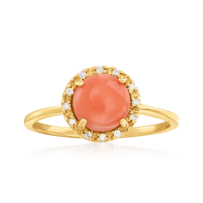 14kt yellow gold ring with oval coral center and diamond halo