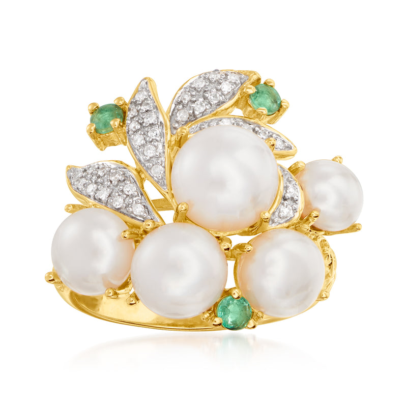 Cultured pearl ring with emerald green and diamond accents in gold-tone setting
