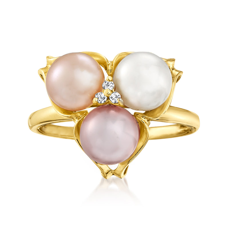 14kt yellow gold pearl ring with three multicolored pearls and diamond cluster
