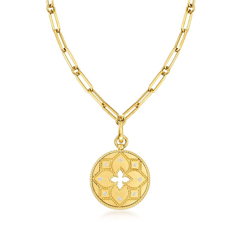 18kt yellow gold link necklace with round medallion pendant and small diamond accents