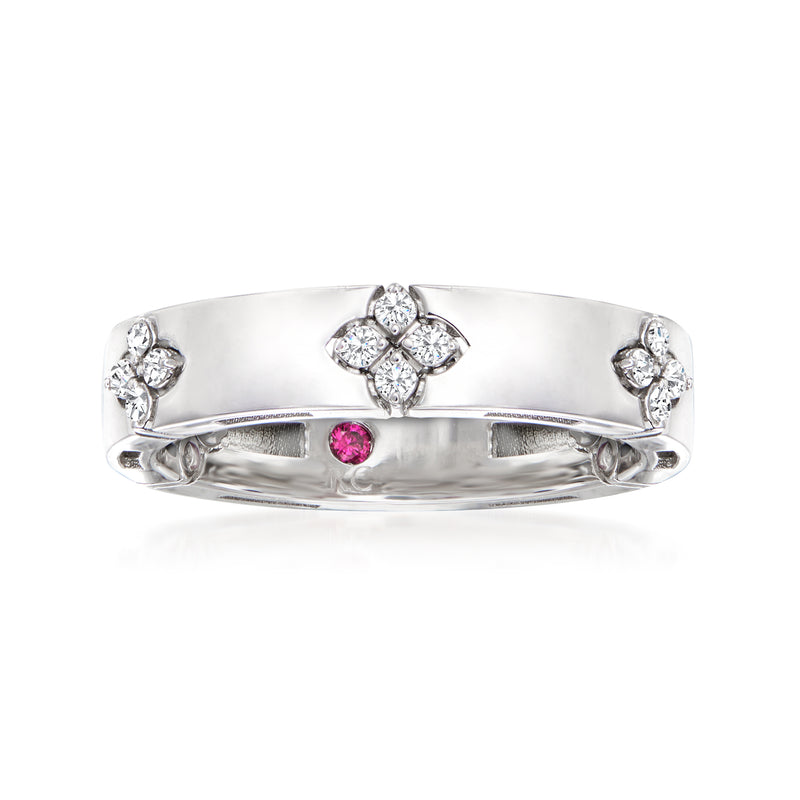 18kt white gold diamond ring with central pink gemstone and round diamond accents