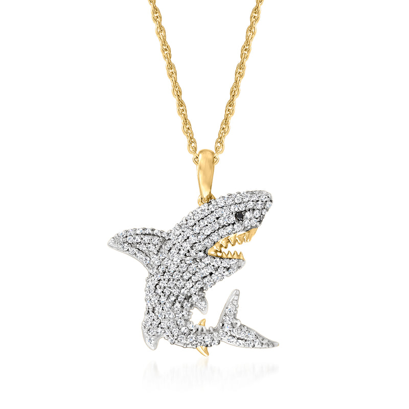 Gold chain shark pendant necklace with pave white stones and small gold detail