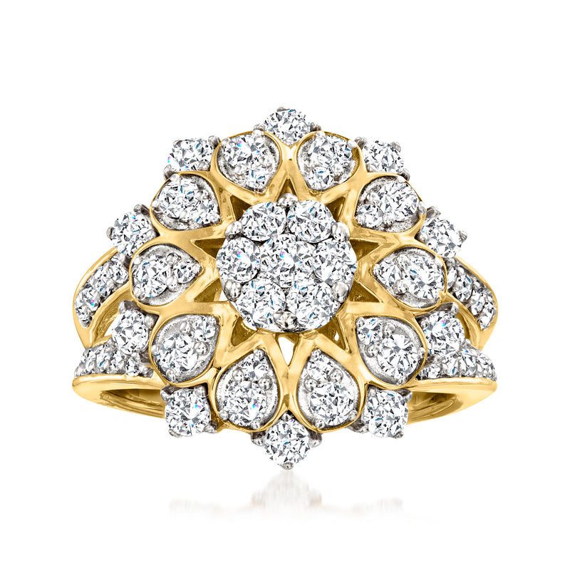 14kt yellow gold diamond flower cluster ring with round pave-style accents