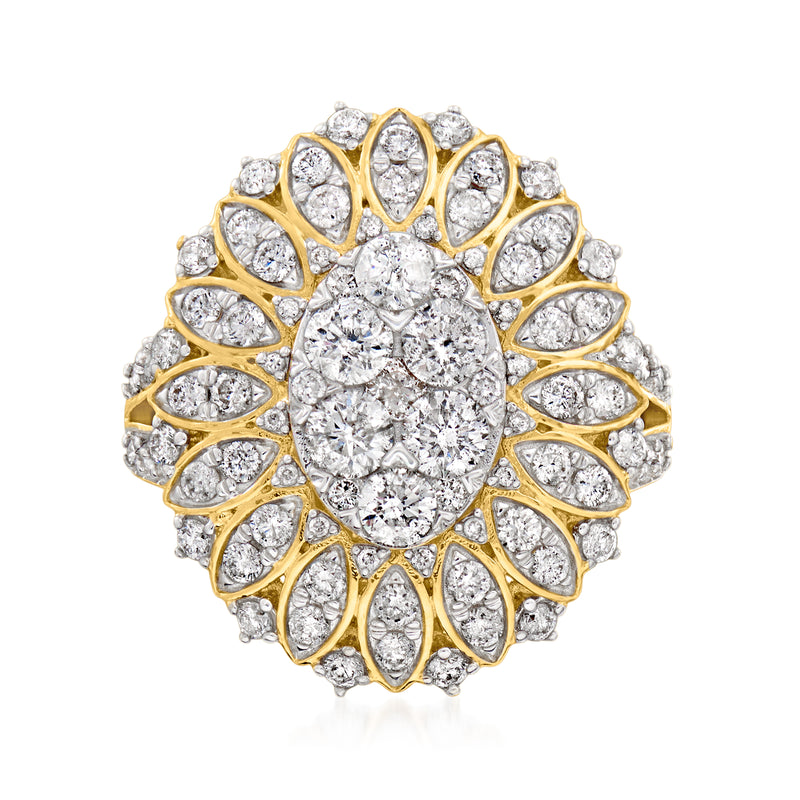 14kt yellow gold diamond cluster flower ring with oval halo stones