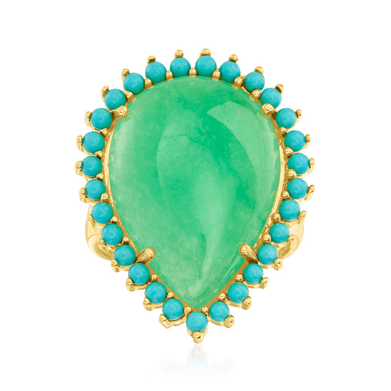 Gold-tone ring with oval green jade center and turquoise bead halo