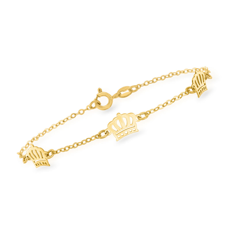 14kt yellow gold crown bracelet with three engraved crown charms on a chain