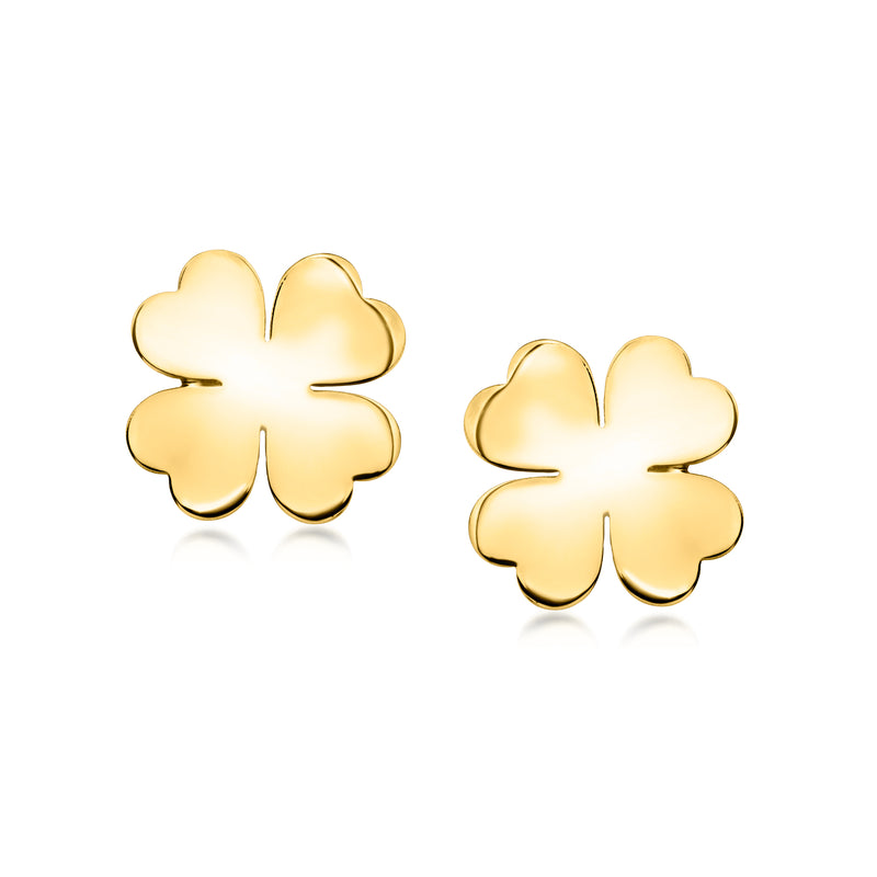 Four-leaf clover yellow gold post stud earrings, polished finish