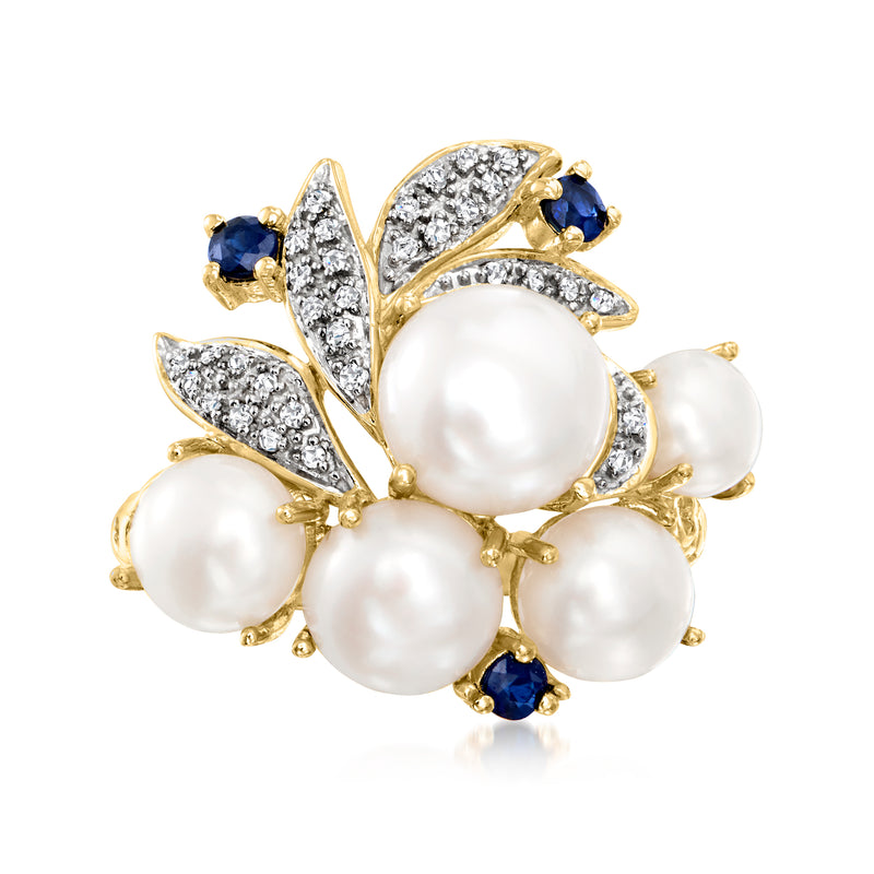 Cultured pearl cluster ring in gold-tone with blue sapphire accents and diamond-like stones
