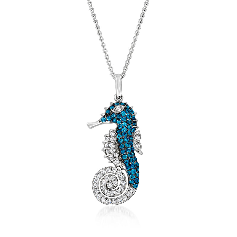 Sterling silver seahorse pendant necklace with blue and white topaz gemstones