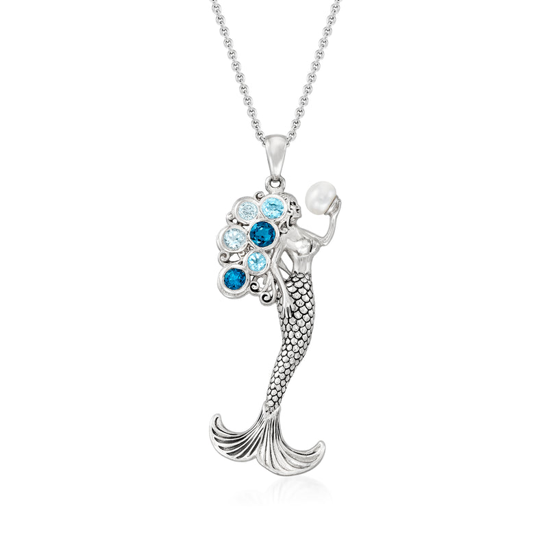 Sterling silver mermaid pendant necklace with blue topaz accents and white pearl