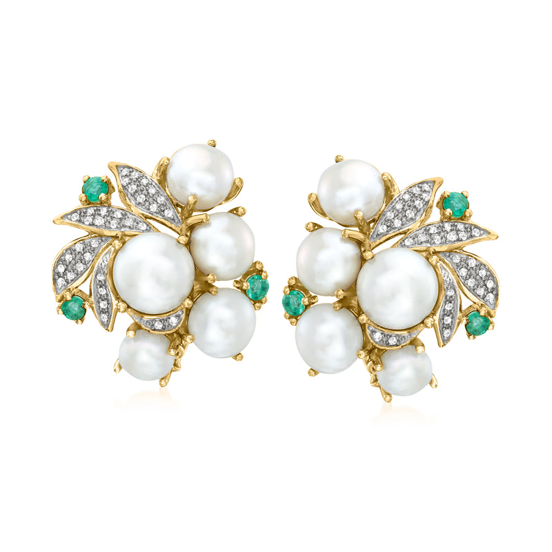 Gold-tone pearl stud earrings with emerald green accents and diamond-like stones, cluster design