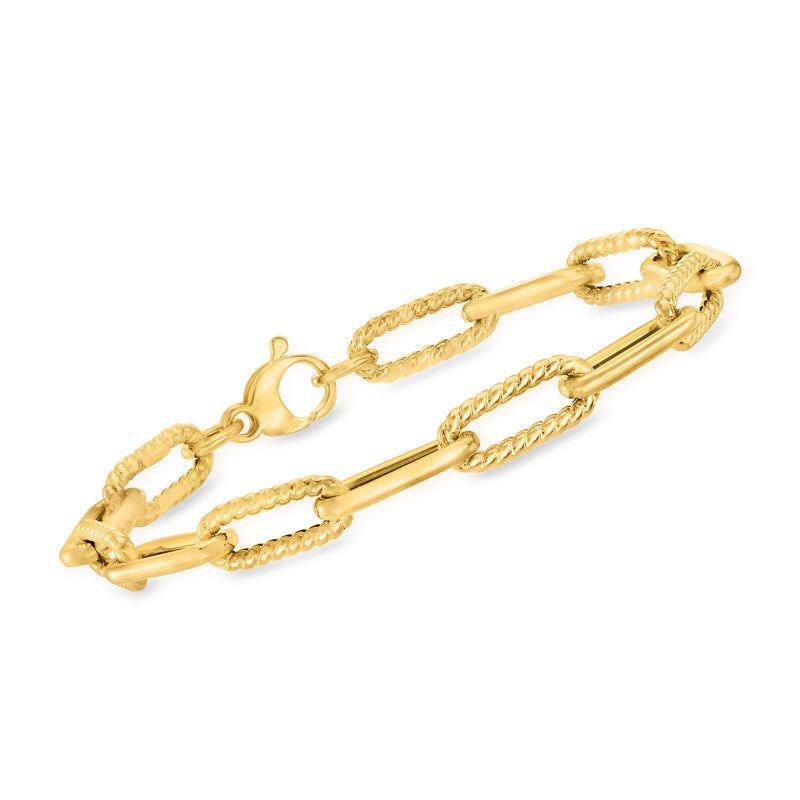 14kt yellow gold paper clip link bracelet with textured and polished bars