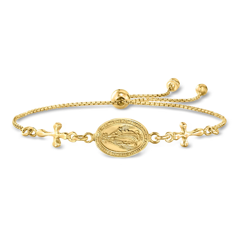 Gold-tone bolo bracelet with oval Miraculous Medal charm and small cross accents
