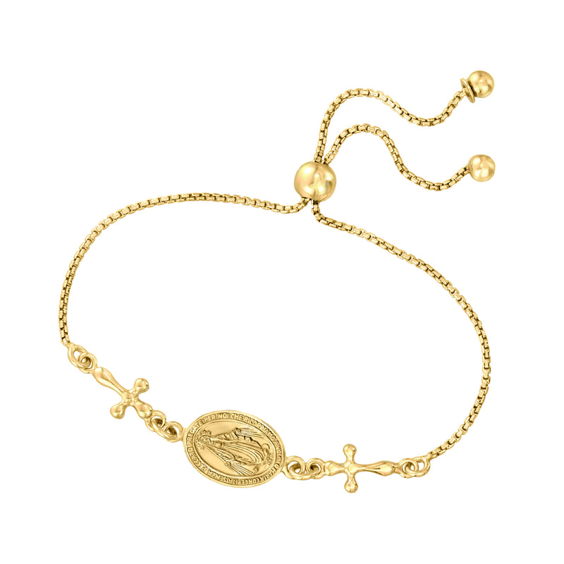 Gold-tone bolo bracelet with oval medal charm, cross dangles, and adjustable cord