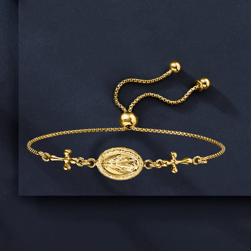 Gold-tone Miraculous Medal bolo bracelet with oval charm and cross-linked stations