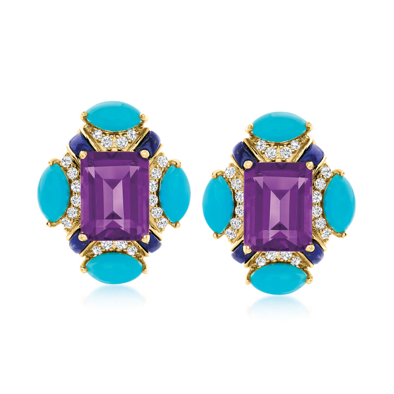 Amethyst and turquoise drop earrings in 14kt yellow gold, square purple stones with diamond halo