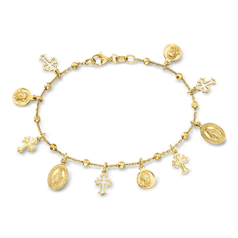 Gold-plated religious charm bracelet with round medallion coins and cross charms