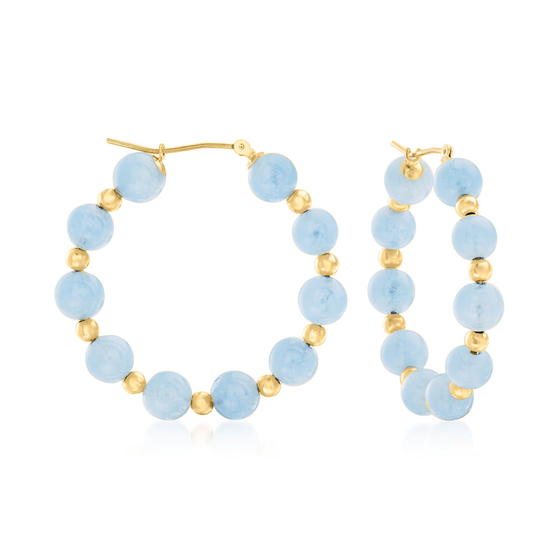 14kt yellow gold hoop earrings with milky light-blue gemstone beads and gold accents