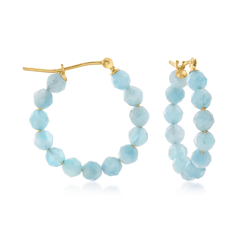 Aquamarine bead hoop earrings, 14kt yellow gold with round blue gemstone beads