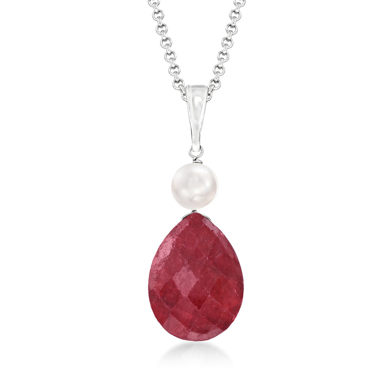 Sterling silver pendant necklace with cultured pearl and pear-shaped ruby drop