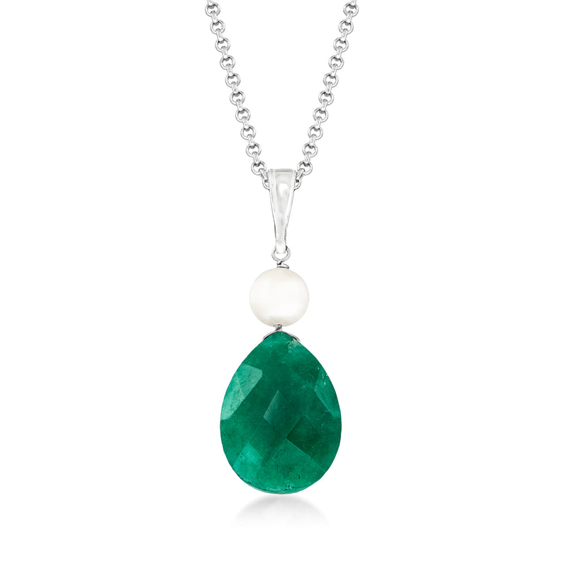 Sterling silver pendant necklace with round cultured pearl and teardrop green gemstone