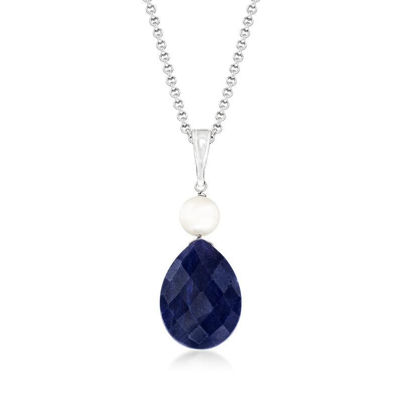 Sterling silver necklace with round cultured pearl and dark blue pear-shaped sapphire pendant