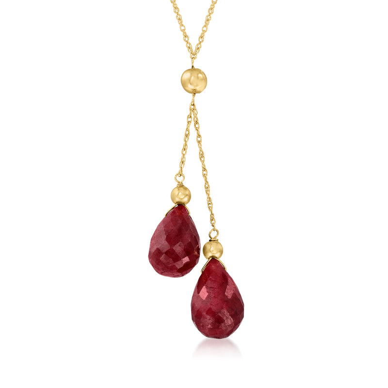 14kt yellow gold ruby double-drop necklace with two teardrop red gemstones on chain