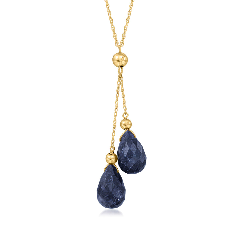 14kt yellow gold sapphire double-drop necklace with two teardrop blue gemstones