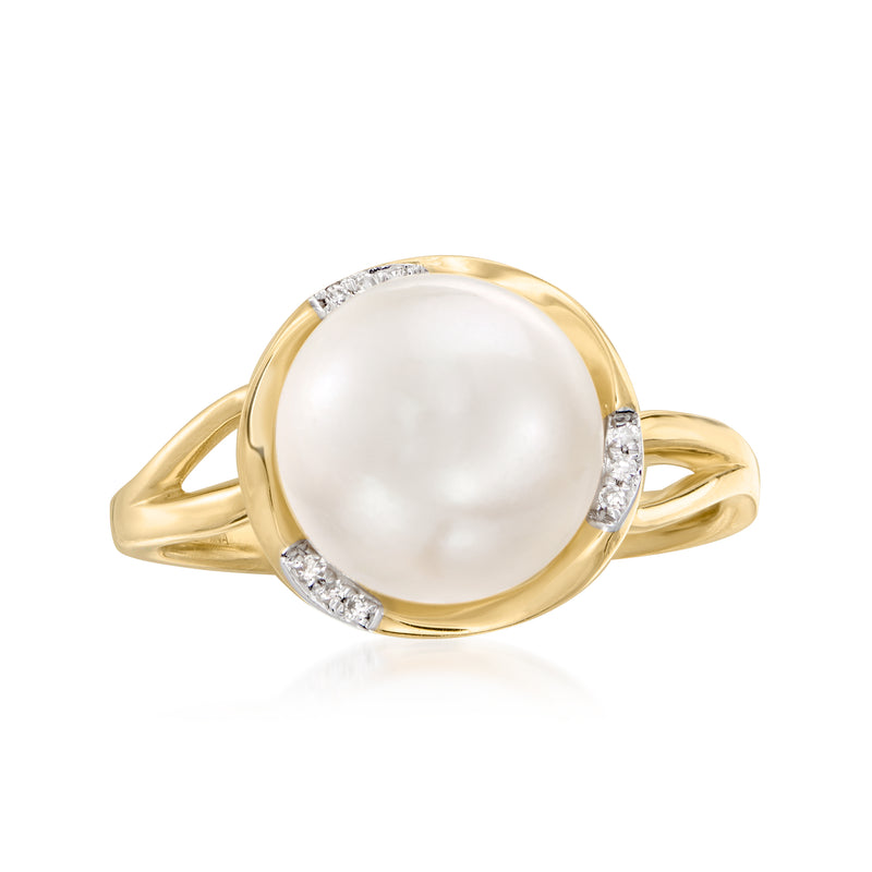 Cultured pearl ring with diamond accents, 14kt yellow gold