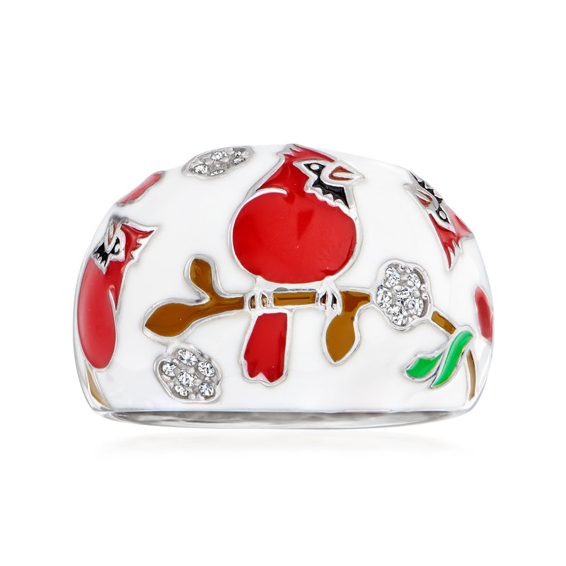 Sterling silver cardinal ring with red and multicolor enamel, clear stone details